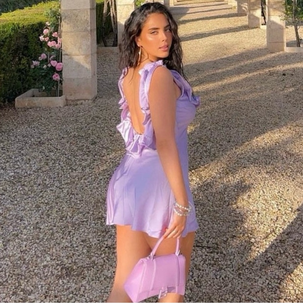 House of CB TINK ORCHID SATIN RUFFLE MINI DRESS. Size M